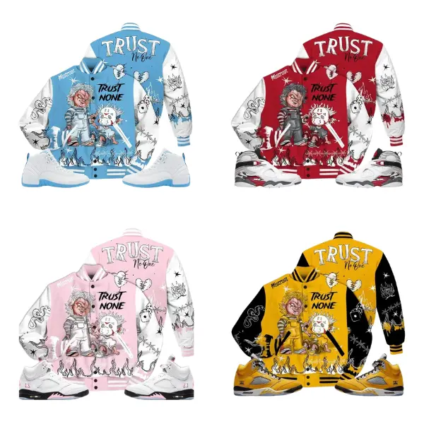 Retro Basketball Varsity Jacket | Trust None Graffiti Graphic Baseball Coat | Unisex Vintage Sport Streetwear