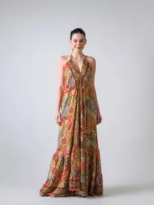 Patterned Halter Dress - Vibrant Paisley Print, Sleeveless, V-Neck, Summer Wear, Women's Fashion