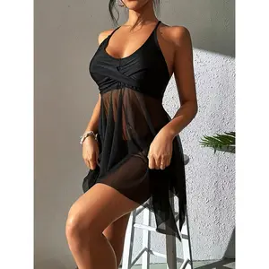 New Fashion Women's Yarn Swing Split Swimsuit High Waist Pants Swimsuit Cross Top Shoulders Belt Swimsuit Suit Suit,spring glow,mesh top,chic design,mesh top,sport bra