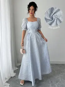 Elegant Light Blue Square Neck Bubble Sleeve Dress, French Style Side Tie Flared Hem, Adjustable Waist Drawstring, Perfect for Dates and Parties, Womenswear