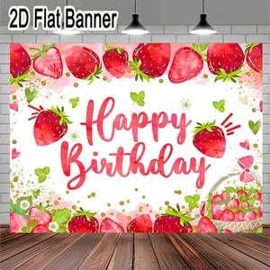 2D flat banner, 1pcVibrant Strawberry-Themed Birthday Greeting Card with Watercolor Design, Featuring Fresh Strawberries, Green Leaves, White Flowers, and Gold Confetti, Perfect for Celebratory Moments and Gift Giving