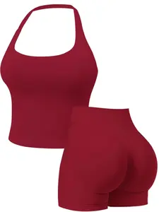 Two-Piece Set Women's Solid Color Halter Top & High Waist Shorts Sports Set, Sporty Breathable，Quick Drying Outfits for Yoga Gym Workout Running, Ladies Sportswear for Summer，Workout Running Clothes, Sportswear Running Fitness
