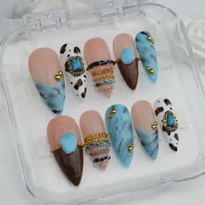 Turquoise Western Press On Nails, Cow Print Marble Nail Set with Gold Charms, Boho Cowgirl Acrylic Nails, Handmade Reusable Nails