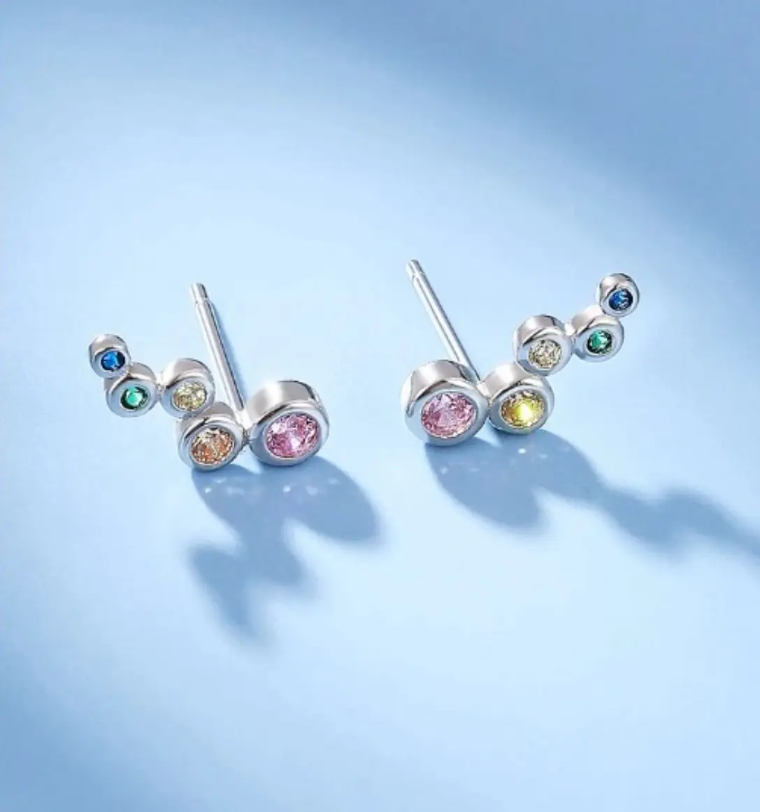 Platinum 925 Sterling Silver Rainbow Zirconia Bubble Stud Earrings (Multi, Clear)