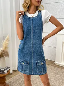 Women's Vintage Denim Mini Strap Dress, Sleeveless Casual Denim Strappy Dress, Multi-Pocket Comfortable Summer, Trendy Fashion Style, Womenswear, Boho Summer Dresses