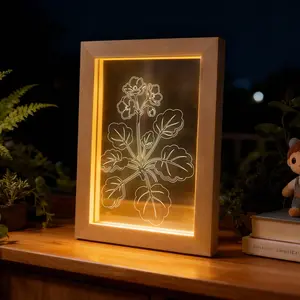 LIVEKEY African Violet Wooden Photo Frame LED Lamp - Line-Drawn Art, Soft Warm Glow, Ambient Light, Bedroom LED Lights, Indoor Cozy Bedroom Decor