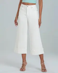 Wide Leg Jeans for Women High Waisted Stretchy Denim Crop Pants Fold Hem Cropped Baggy Jeans with Pockets