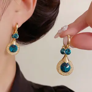 Shiny Vintage Light Luxury Metal Mesh Blue Diamond Round Tassel Earrings, DDES0250 Versatile and Slimming, 14K Gold-Plated
