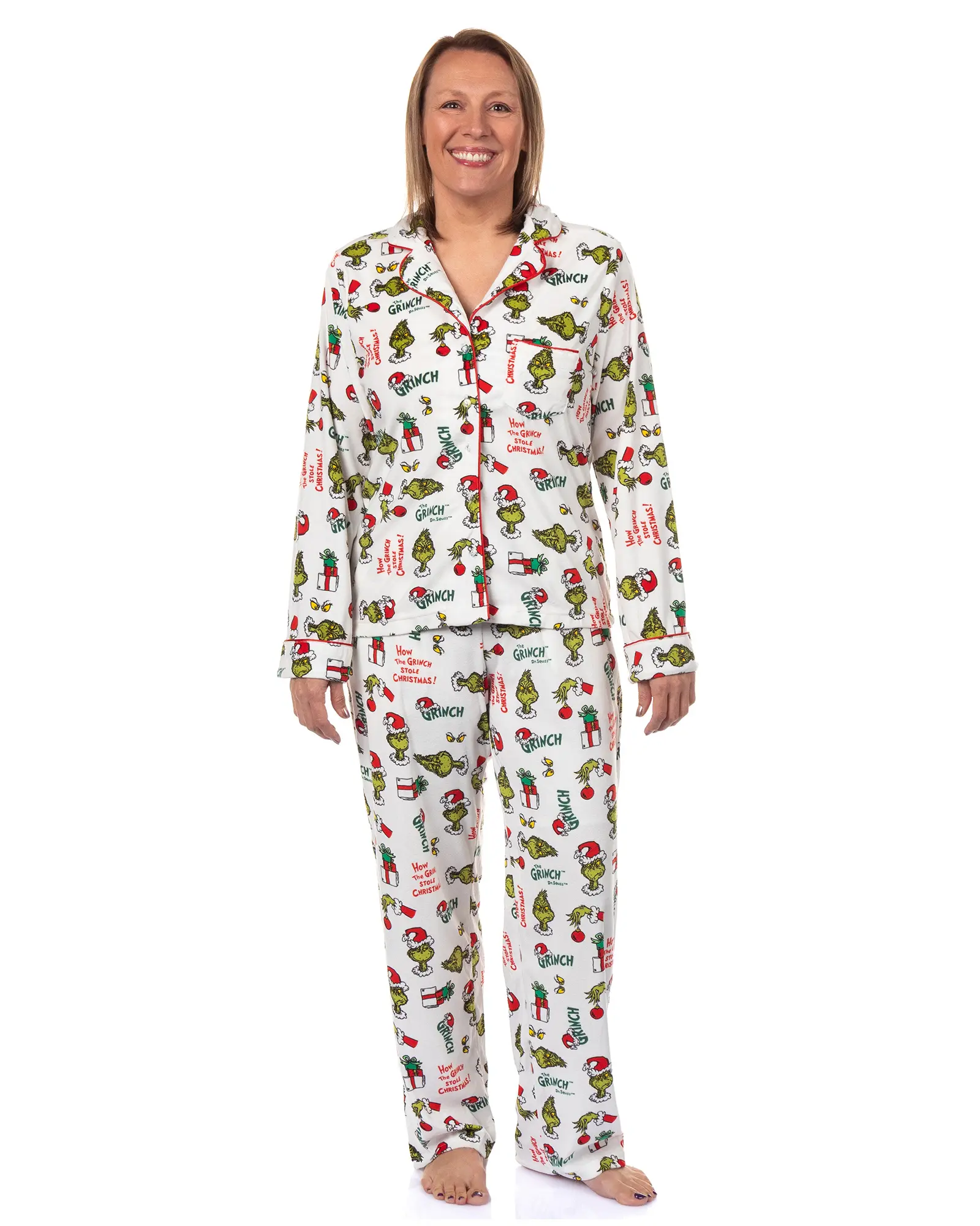Dr. Seuss The Grinch Pajamas Women's Velveteen Notch Collar Adult 2 Piece Sleep Set