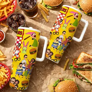 1 Pc 40oz Burger Family Cartoon Vacuum Insulated Tumbler With Handle And Lid, Funny Food Lover Animation Design, Double Wall Stainless Steel Travel Mug, Leak Proof Large Capacity Cup, Gift For Burger Fans, Home Office Daily Use