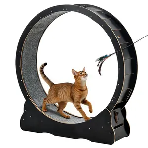 Cat Exercise Wheel, 48 in Wooden Cat Running Wheel for Indoor Cats up to 28 lbs, Cats Treadmill with Carpeted Runway & Locking Mechanism, Quiet Kitten Sport Toys for Pets Fitness & Health, Black