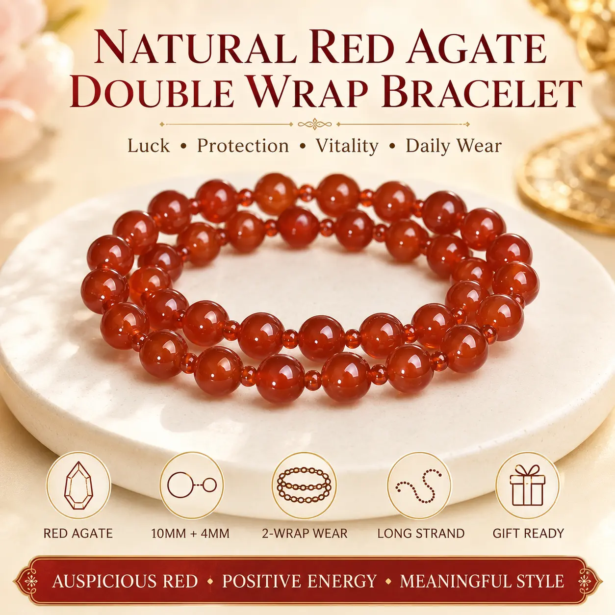 Natural Red Agate Double Wrap Bracelet, 10mm & 4mm Beaded Energy Healing Crystals for Adults, Spiritual Jewelry for Protection & Positive Energy, Crystals Bracelets, Energy Healing Bracelet