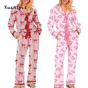WomenPajamasBow/HeartPrintTieFrontLongSleeveTopsandLongPantsSetFamilyMatchingSleepwear��gift��