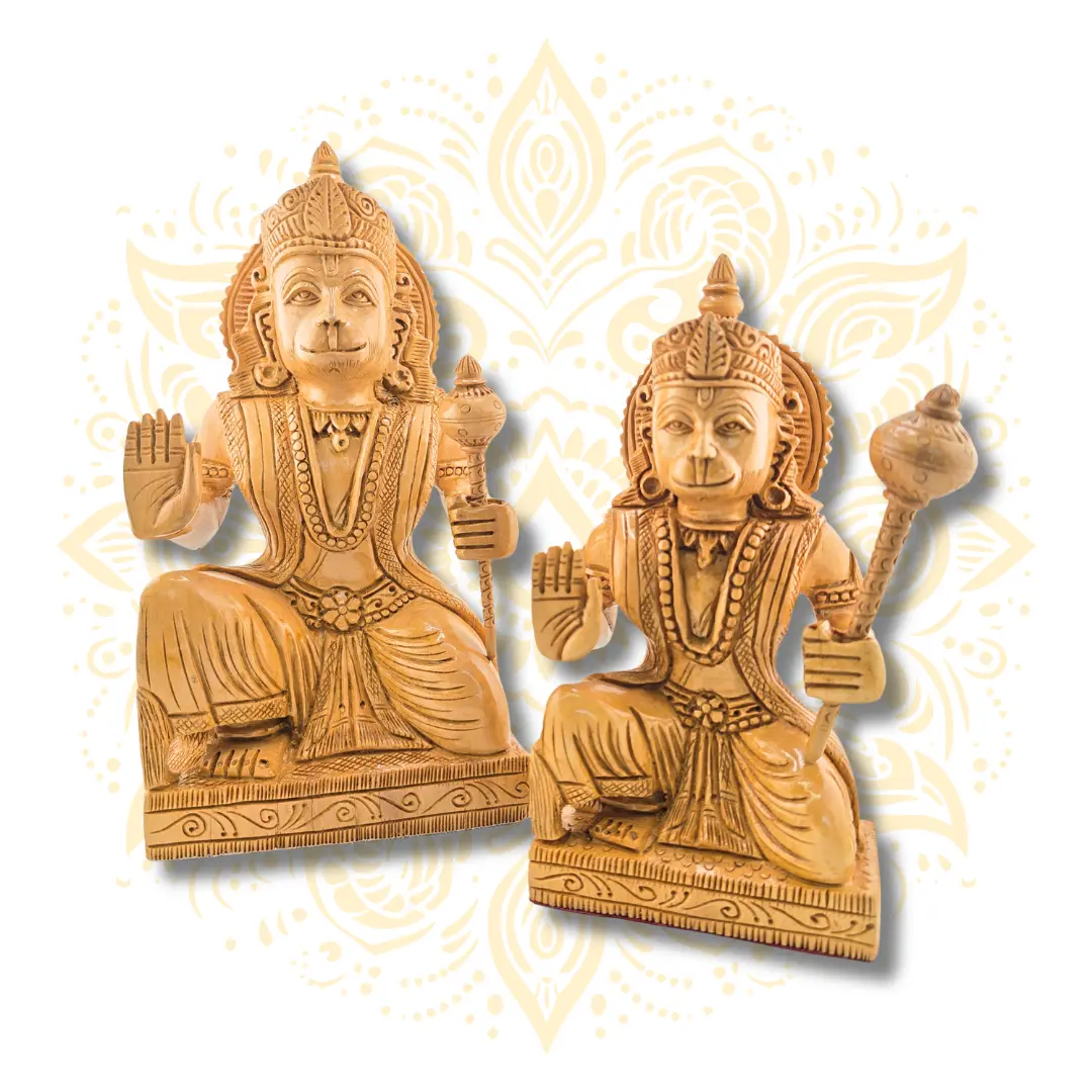 Hand Carved Wooden Sitting Hanuman Murti