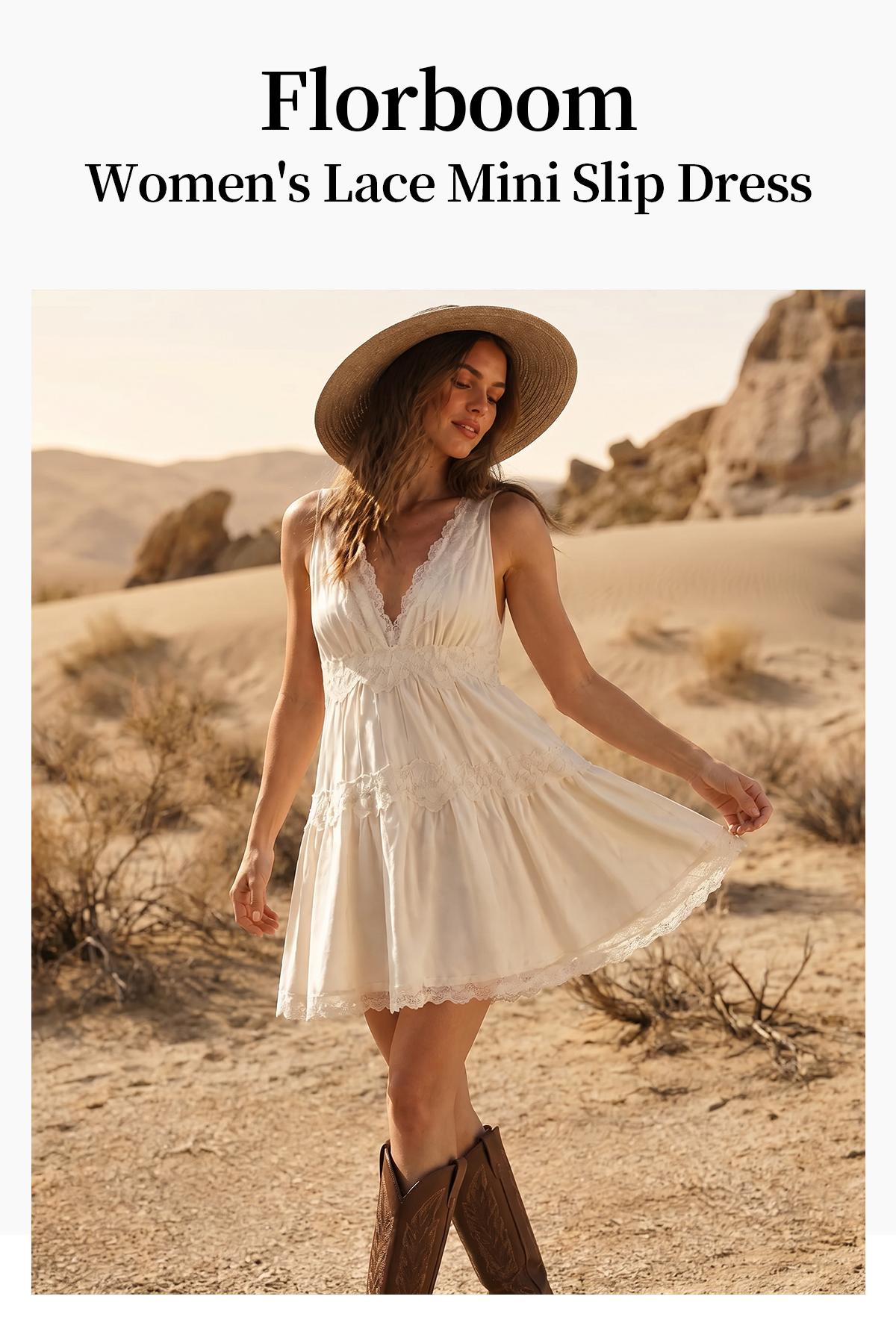 Florboom Womens Boho Lace Mini Satin Slip Dress, V Neck Sleeveless, Tiered with Lace Trim, Flowy Babydoll A-Line Short Dress for Layering Western Vacation Beach Country Concert Date Night, Summervibes Vneck