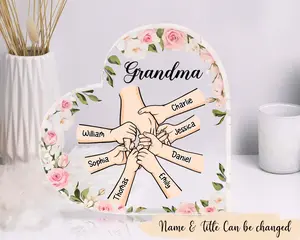 Grandma Mom Holding Hands, Family Personalized Custom Heart Shaped Acrylic Plaque - Gift For Mom, Grandma, Mother's Day Gift