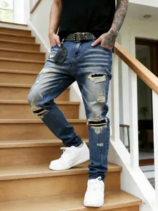 Retro Y2K Style Men's Slim Fit Jeans, Blue Gradient Stone Washed Ripped Jeans, Apocalypse Style Denim Pants, Comfortable Stretch Fabric, High Street Y2K Street Fashion Trendy Pants, Suitable for Daily/Party Outfits
