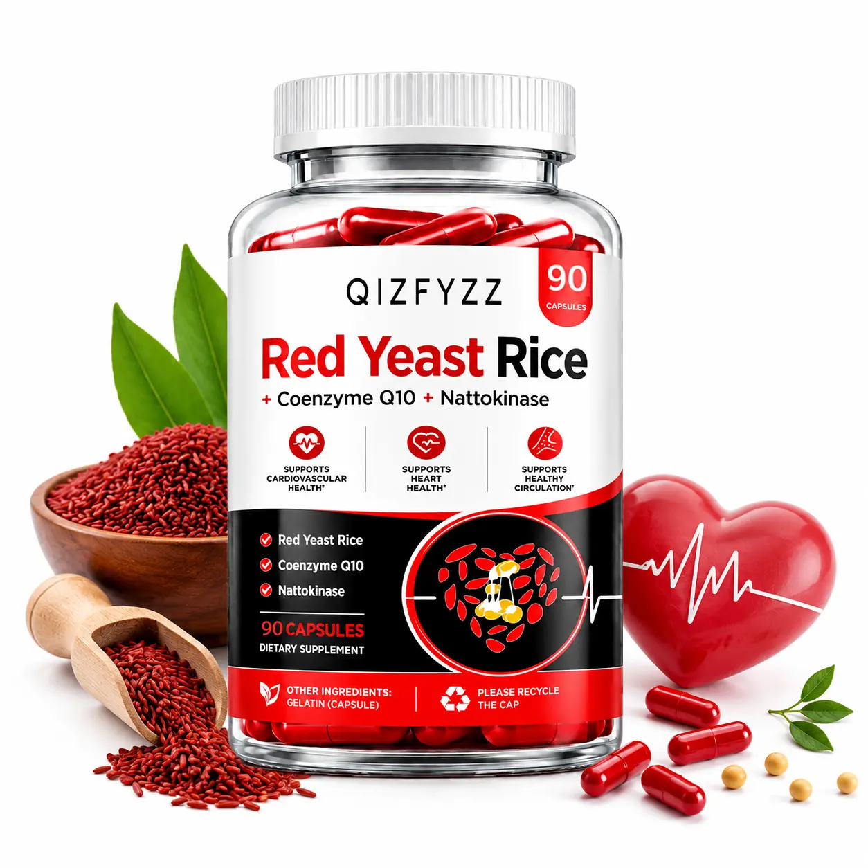 Red Yeast Rice 1000mg Capsules with Nattokinase & CoQ10 - Double Strength Cardiovascular Health Vitamins Supplements, Cholesterol Management Support, Daily Supplemental Nutrition - 90 Vegan Capsules, Cholesterol Management Vitamins Supplements, Daily Supp