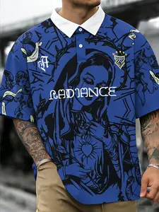 Men's Gothic Print Polo Shirt, Deep Blue Color with Collar and Radiance Farid Safar Print, Street Style Fashion