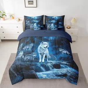 Wolf Comforter,7 Pieces for Boys Teen,Moon Lake Decor Flat Sheet Starry Sky Bedding Set,Exotic Tribal Animal Sheet Set Bedroom