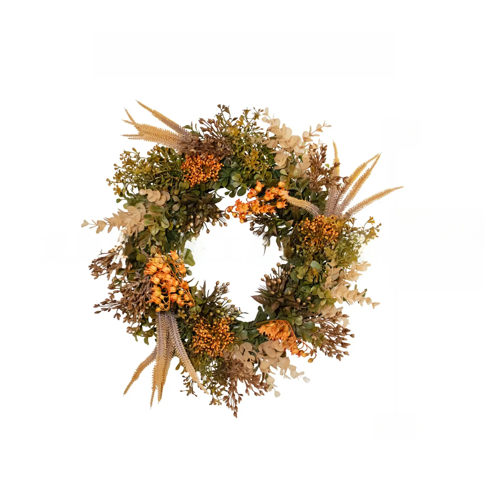 Autumn harvest-themed wreath featuring dried wheat stalks, orange berries, and eucalyptus leaves; rustic-style Thanksgiving and Halloween decor; suitable for indoor and outdoor use; perfect for decorating your home’s porch, walls, and windows this fall