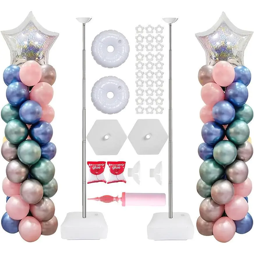 A Set of Two Balloon Column Stands with a Reusable Telescopic Design, Adjustable in Height from 1.57 to 7 Feet. The Balloon Stands Are Easy to Assemble and Disassemble. Includes a Balloon Pump. Suitable for Weddings, Graduations, and Birthday