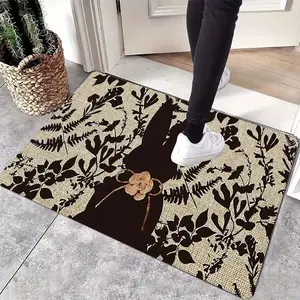 1pc Bunny Silhouette Welcome Doormat Suitable for Bedroom Living Room, Non-Slip Flannel with Bunny & Vine Print, Machine Washable Soft Suitable for Easter Gifts, Indoor Entryway Mat for Home Decor (No Revision Notes)