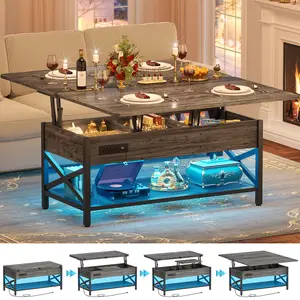 iSunirm Wood Coffee Table Lift Top Multi-Function Coffee Table Converts to Dining Table, with LED Light and Power Outlet, Center Table with Shelves for Living Room Reception Home Office