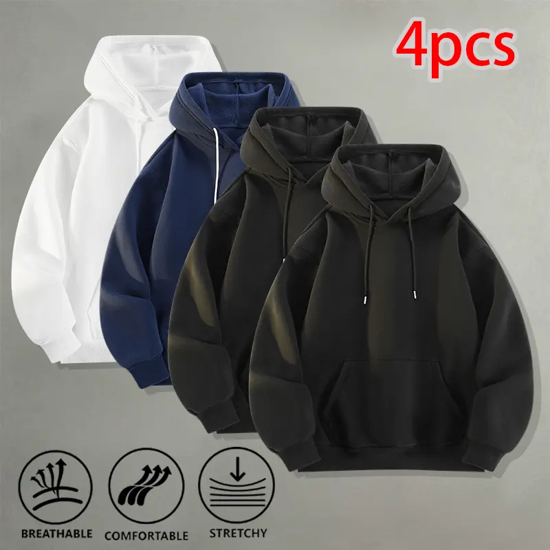 4 Pieces Basic Solid Color Hoodies for Men and Women, Casual Long Sleeve Pullover Hooded Sweatshirts, Everyday Streetwear Outfits