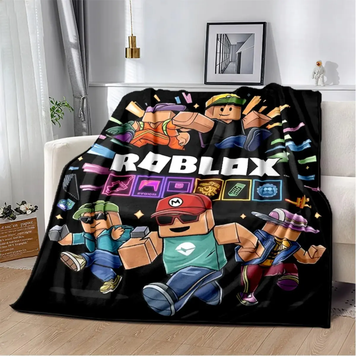 Cozy Cartoon R-Roblox Game Graphic Throw Blanket, Soft Warm Flannel Blanket for Bedroom Travel - Perfect for Cozy Setup, Warm Aesthetic, Comfy Gift, Cozy Cartoon Blanket, Blanket For Couch