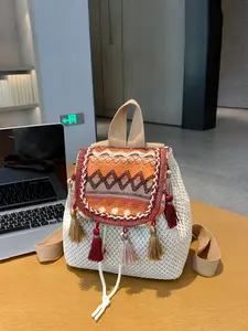 1pc Ladies' Bohemian style Su grass woven mini backpack with ethnic design suitable for vacation, daily outings, and summer casual wear