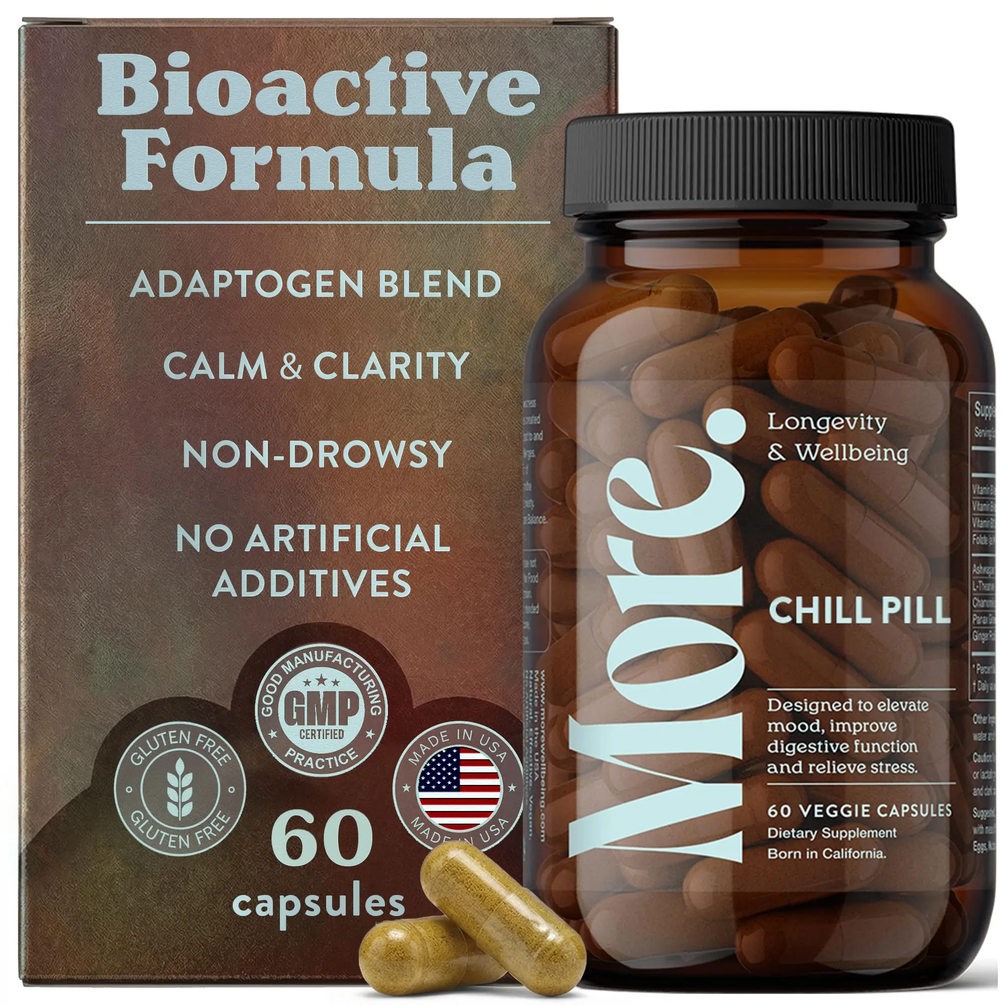 More. Longevity & Wellbeing Chill Pill Mood Support Supplement, Ashwagandha Supplements with Adaptogens, Antioxidants, Amino Acids & Plant Extracts for Stress Support & Digestion, Made in USA, 60 Caps