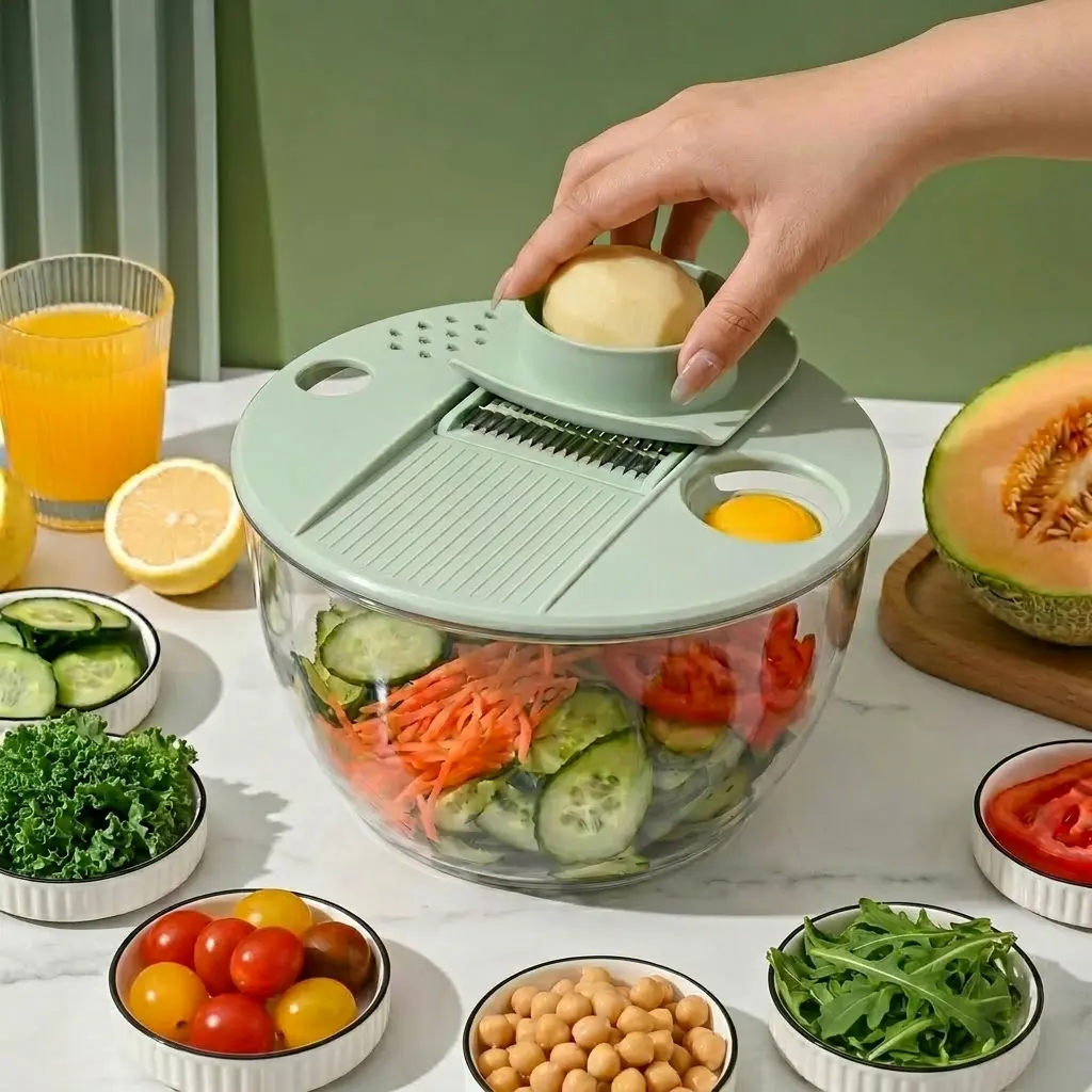 8-in-1 Salad Spinner & Vegetable Slicer Set - 5.3 Qt Salad Bowl with Strainer Lid, 5 Thickened Steel Blades Mandoline Chopper, Egg Separator, Garlic Prep Tool, 5.3x9.25x5.52 Inches, Dishwasher Safe Kitchen Utensils for Family Meals, Parties, 3-In-1 Set