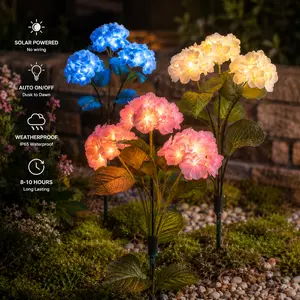 Solar Garden Lights Outdoor Waterproof, LED Hydrangea Flower Stakes with Auto On/Off, Color Changing Patio Yard Decor for Walkway Lawn Backyard Landscape Lighting
