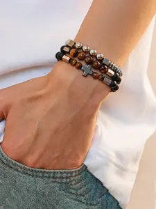 Men's Punk Style Cross Beaded Bracelet, Fashionable Beaded Bracelet for Party, Daily Clothing Decor, Trendy All-match & Exquisite Jewelry for Birthday Gift