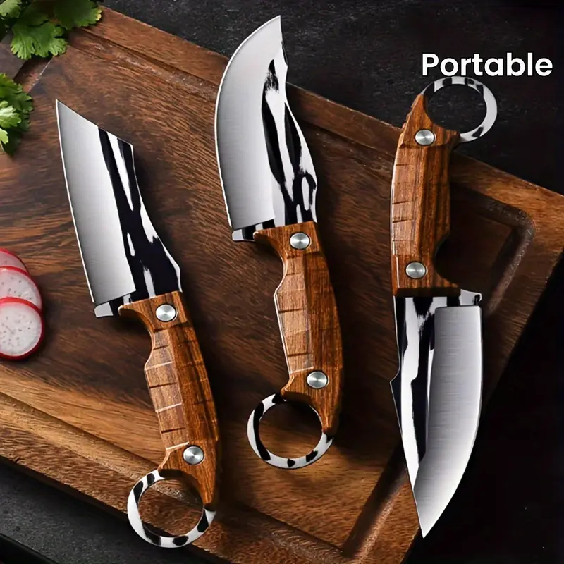 3pcs Anti-Rust Stainless Steel Blade Knives Kitchen Set - 1.5mm Compact, 20.5 cm Double Honed Multipurpose Tools, Ergonomic Imitation Wooden Textured Grip Handle, ABS Outdoor Cutting, Secure Hold for Boneless Meats, Easy Resharpening, Portable Camping Use
