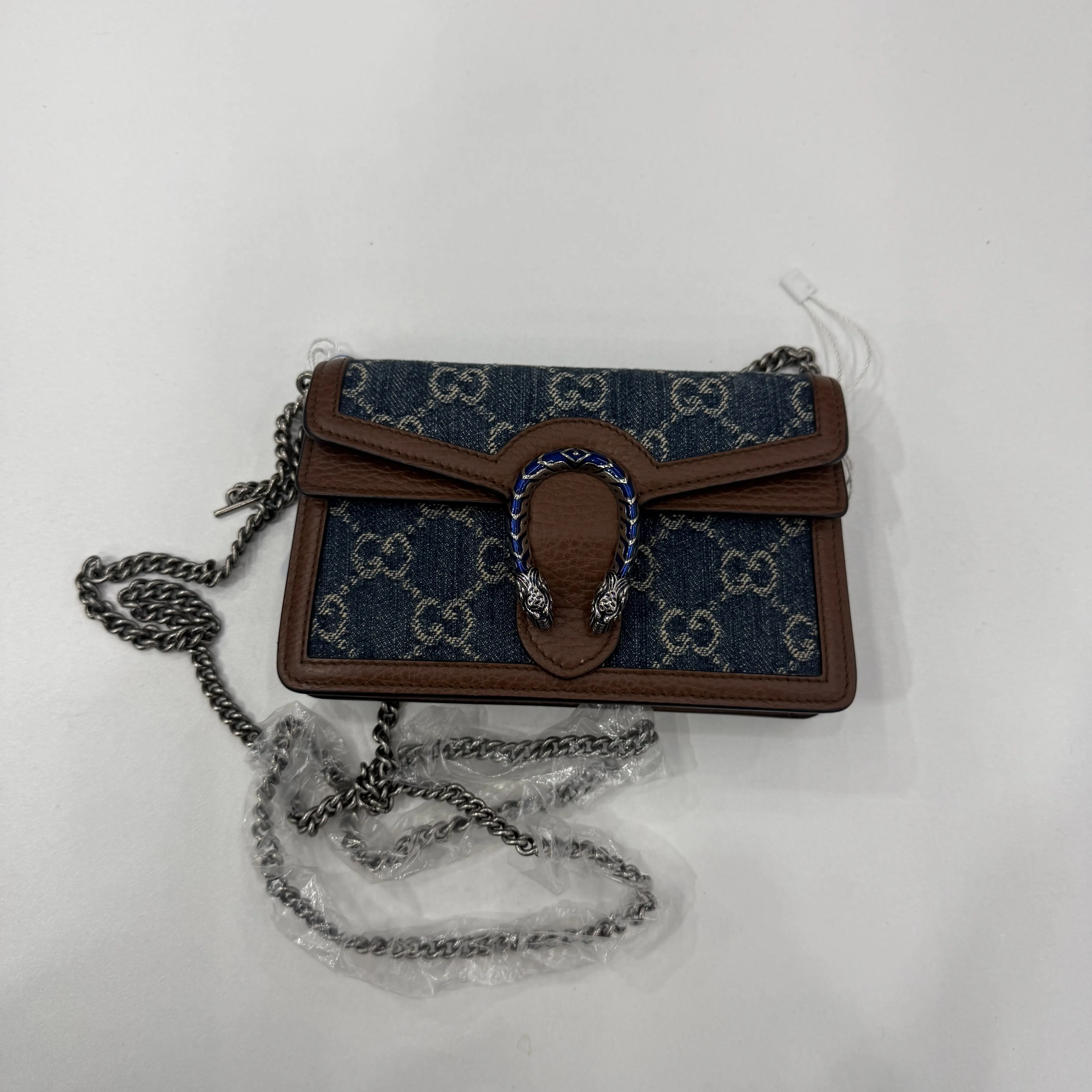 Pre-owned GUCCI luxury bag authentic Dionysus Super Mini Crossbody Bag Blue GG Denim Canvas Brown Leather Trim Enamel Tiger Head Clasp Chain Strap For Women