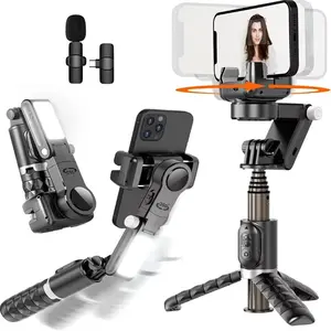 Gimbal Stabilizer Selfie Stick Tripod 360 Rotation Following Shooting Mode with Fill Light and Type-C wireless microphone