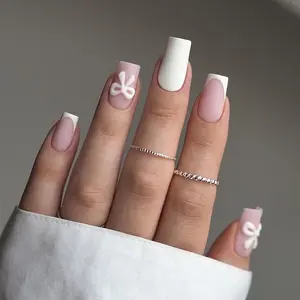 24pcs Medium Coffin Shape Press-On Nails Set, French Color Block Style, Includes Jelly Glue & File, Reusable for Parties and Daily Wear