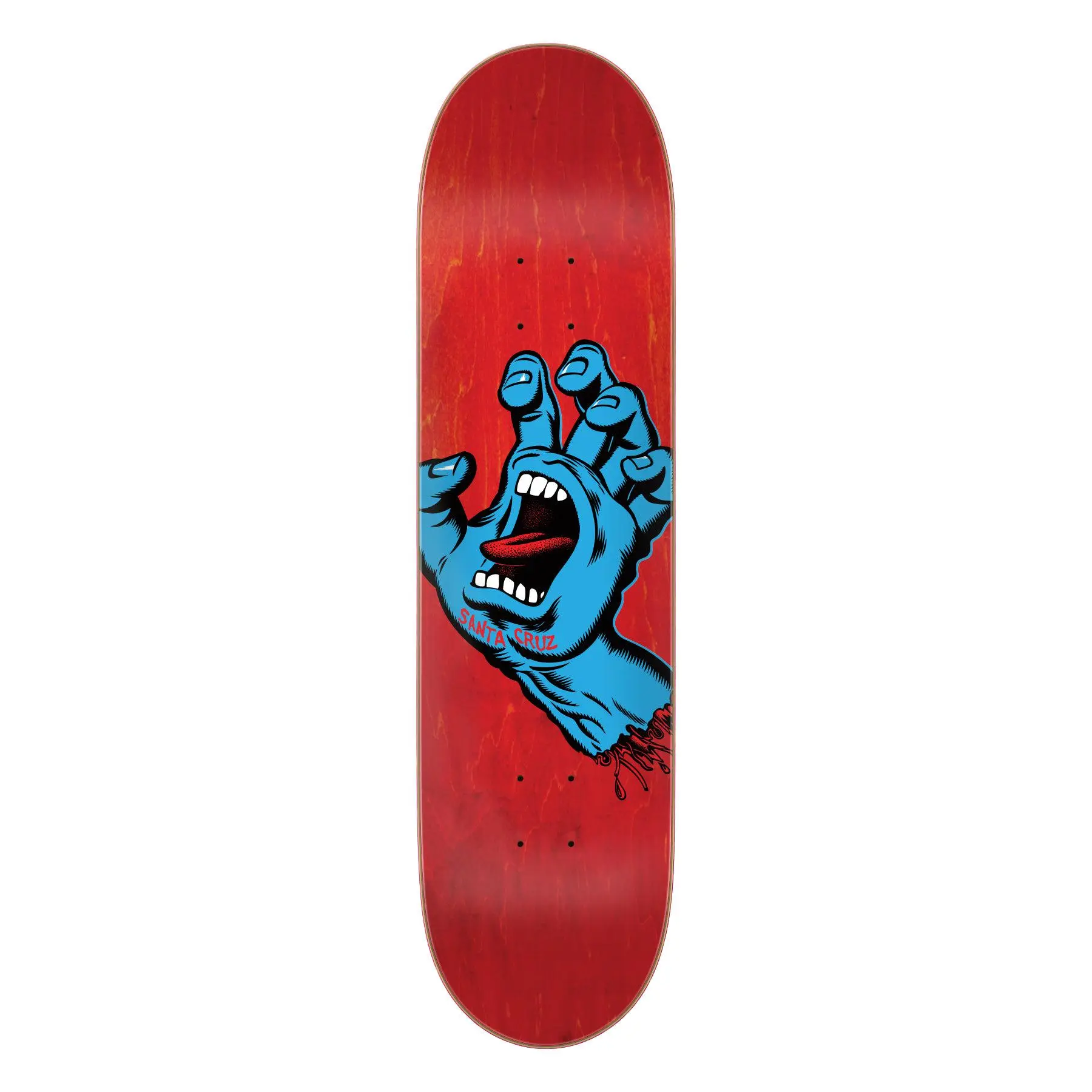 Santa Cruz Skateboards Screaming Hand Skateboard Deck - 8.0"x31.62" Size, 7-Ply Pressed North American Maple Plywood, 3D Concave, 14.25" Wheelbase, Lower Continuous Nose & Tail Kick, Black Top, Red Stain