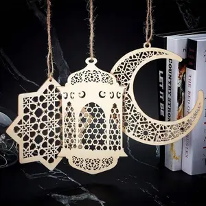 3pcs Ramadan Wooden Pendant Decorations, Hollow Moon Star Wind Lamp Shape, Eid Mubarak Party Hanging Signs, Festive Decoration Set, Home Decor Ornaments