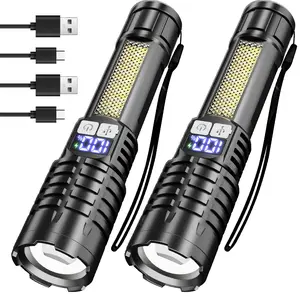 2pack High Lumens Rechargeable LED Flashlights,Ultra-Bright Flashlights 5Modes With COB Light Tactical Accessories,Zoom-able Torch Handheld LCD Digital Display Flashlight,For Outdoor Camping fishing hiking Emergency Signaling Backyard