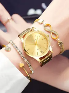 Women's Watch Set with Stainless Steel Strap, Bracelet & Heart Rhinestone Bangle, Quartz Movement, Classic Design, Perfect Gift