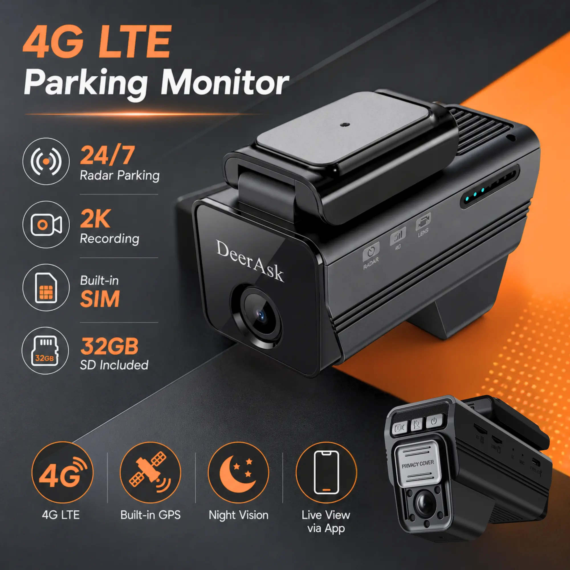 4G LTE Parking Monitor Dash Cam for Cars with Remote Live View, Phone Alerts, GPS Location, Privacy Mode and 2K Recording g-sensor
