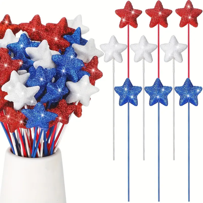 4th of July Patriotic Floral Pick 8'' Glitter Star Red White Blue Flower Table Centerpiece Decor Foam Stem Stick Memorial Day 250 Years Decor