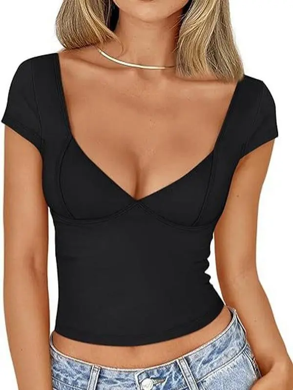 Women's Solid Sweetheart Neck Crop Top - Short Cap Sleeve Basic Polyester Tops, Casual Sports & Outdoor Daily Wear Ladies Summer 2026 Feminine Clothing, Fabric