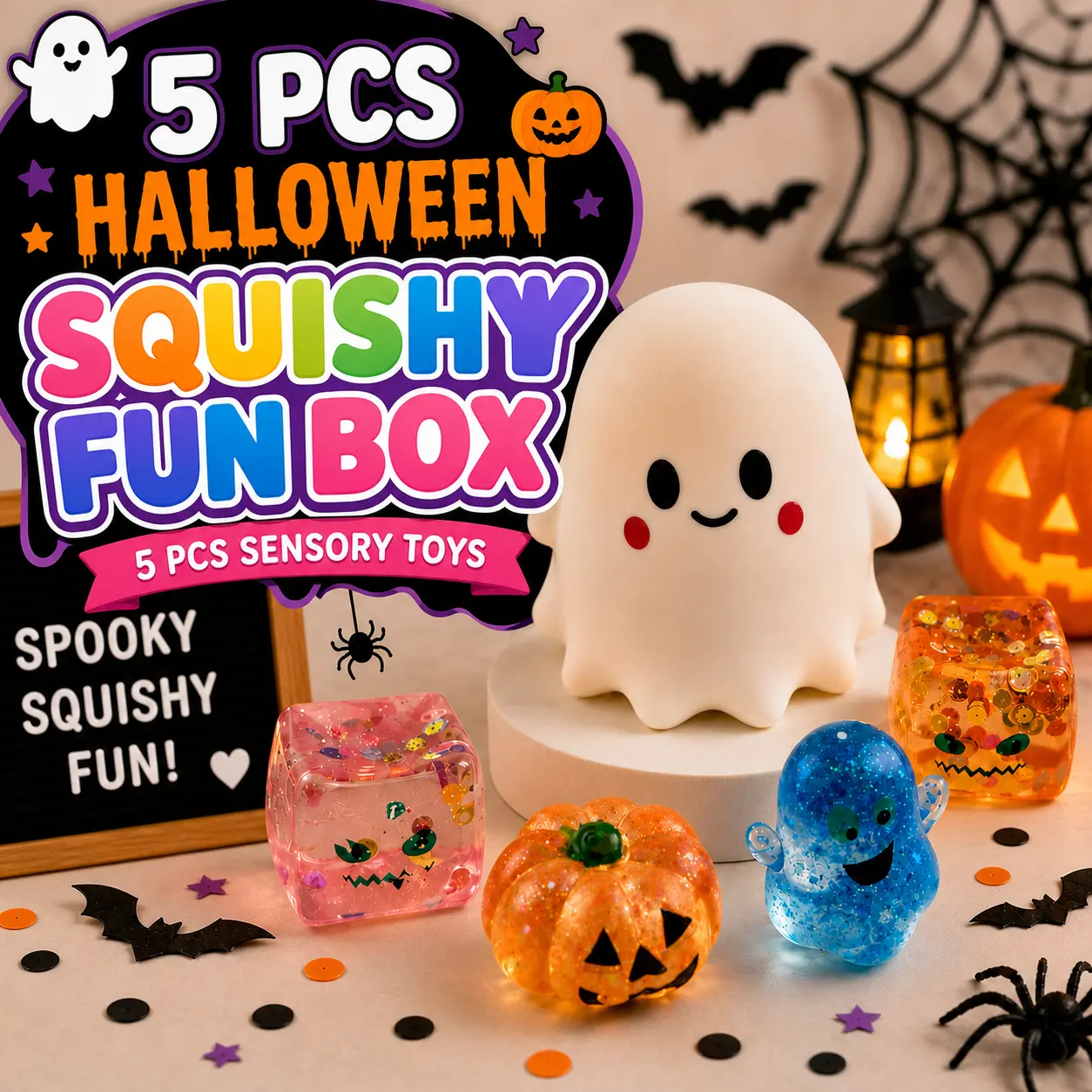 5 PCS Halloween Squishy Fun Box Sensory Toys, Slow Rising Ghost & Malt Sugar Texture Glitter Pumpkin Squishies, Soft Stretchy Squeeze Fidget Toys for Stress Relief, Halloween Gifts & Goodie Bag Stuffers, Kids Adults Trick or Treat Party Favors backtoschoo