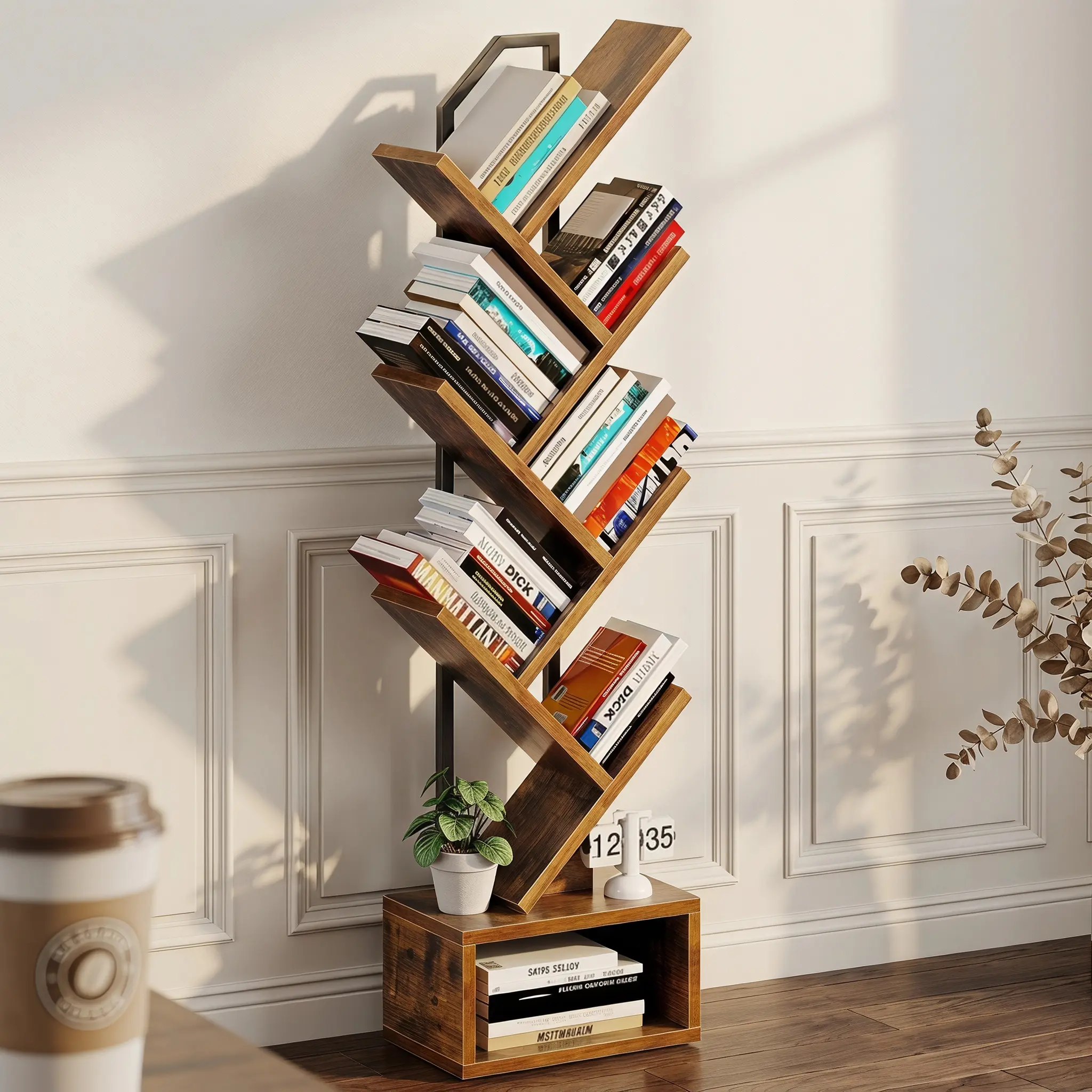 6-Tier Tree Bookshelf for Corner & Small Space, Floor Standing Book Organizer Shelf with Storage Cabinet, Home Decor for Living Room, Bedroom, Vintage