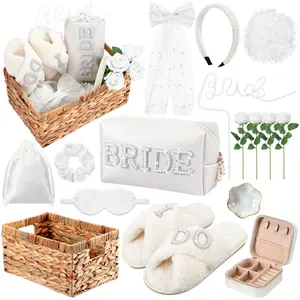16 Pcs Bride Gifts Basket Set for Bridal Shower Bachelorette Party,  Include Wicker Basket, Bride Makeup Bag, Slippers, Headband, Jewelry Box, Bow Clip, Jewelry Tray,  Bride shaped straw, Artificial Rose and Rafi Grass for Bridal Stuff, Engagement Gifts