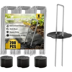 200 Pack Landscape Staples Garden Stakes 6 Inch 11 Gauge Galvanized Landscape Fabric Pins Anti-Rust Landscape Spike Heavy Duty Ground Staples for Weed Barrier, Irrigation Tubing & Lawn Decor